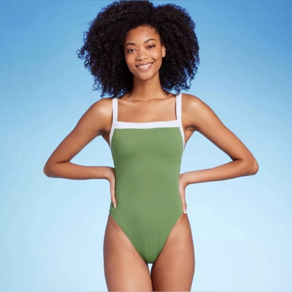 Shade & Shore Olive Green & White One-Piece Swimsuit- Size XS- BNWT
